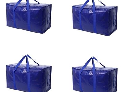 4-Pack Blue Large Moving Bags with Zippers, Handles & Tag Pocket - Water-Resistant Storage Totes + 6 drawstring shoe bags