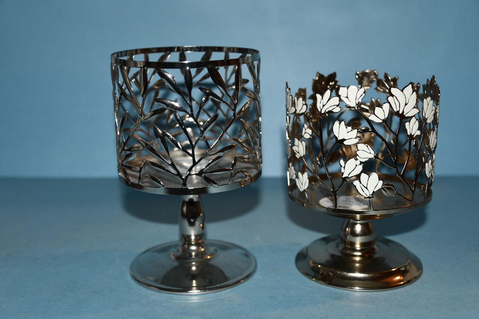 2 BATH & BODY WORKS CANDLE HOLDERS ~ SPRING FLOWERS & VINES ~ HEIGHT 6" to 6.5" ~ DIAMETER 4" ~ CLEAN