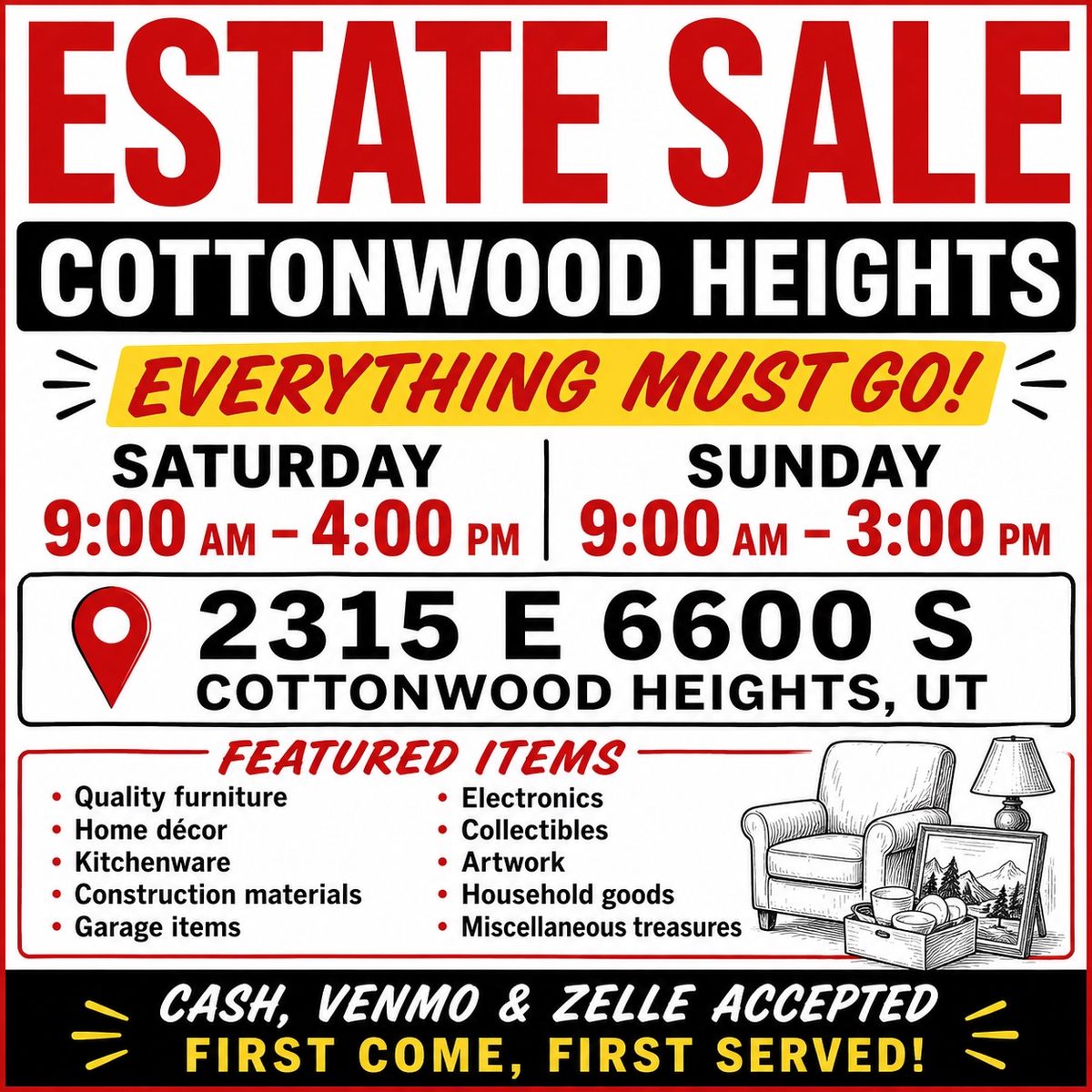 Cottonwood Heights Estate Sale – Furniture, Décor, Garage Items & More