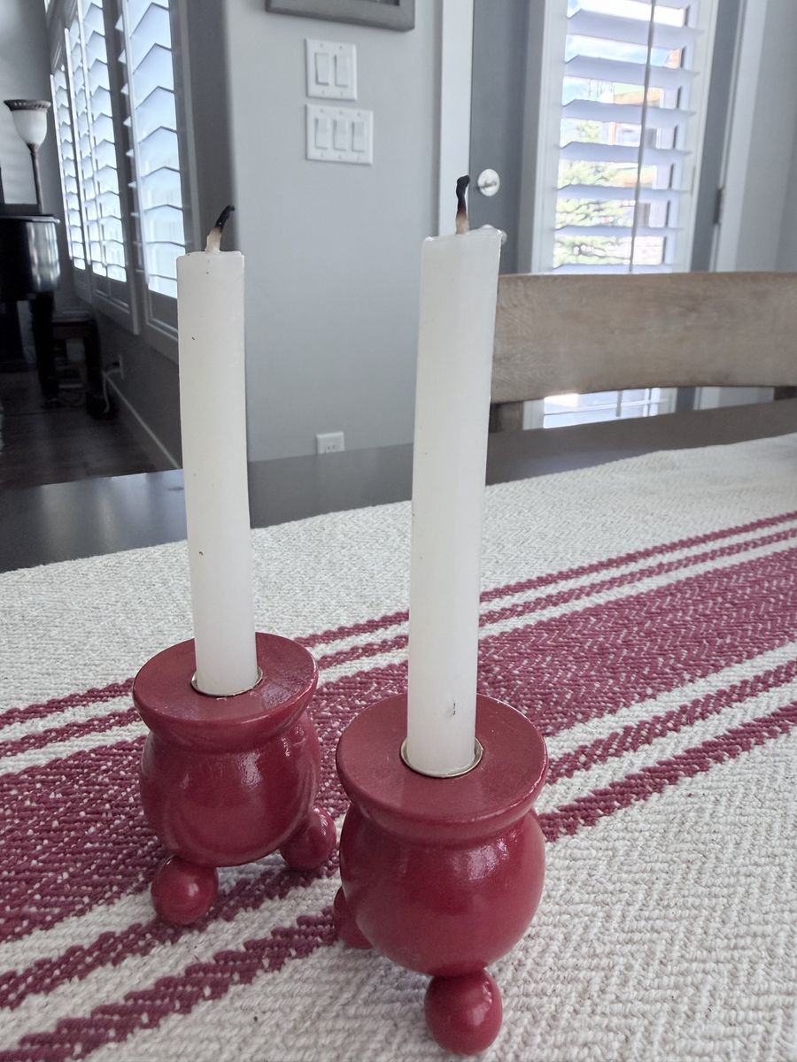 Vintage Made in Sweden Red Wooden Folk Art Taper Candle Holders - Set of 2