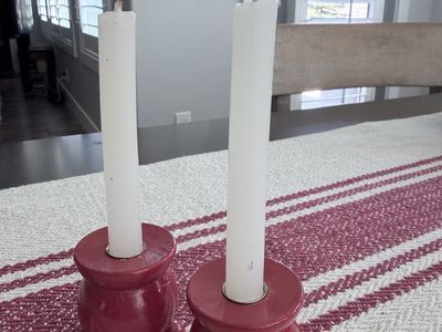 Vintage Made in Sweden Red Wooden Folk Art Taper Candle Holders - Set of 2