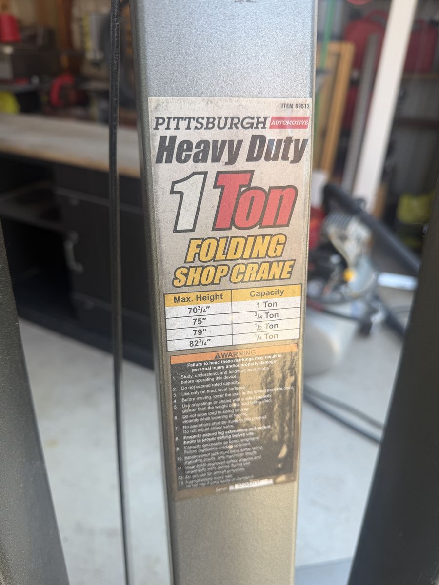 Pittsburgh Automotive Heavy Duty 1 Ton Folding Shop Crane Engine Hoist Item 69512