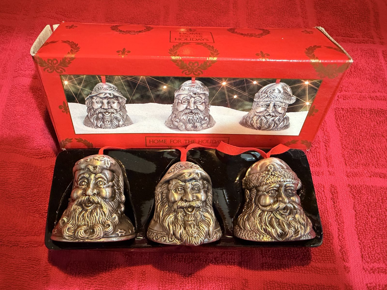Home For The Holidays Silver Tone Santa Bell Ornaments Set Of 3 With Box