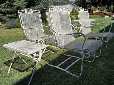 Vintage Patio Set - 4 Mid-Century Wrought Iron Chairs & 2 Side Tables, Cream/Off-White