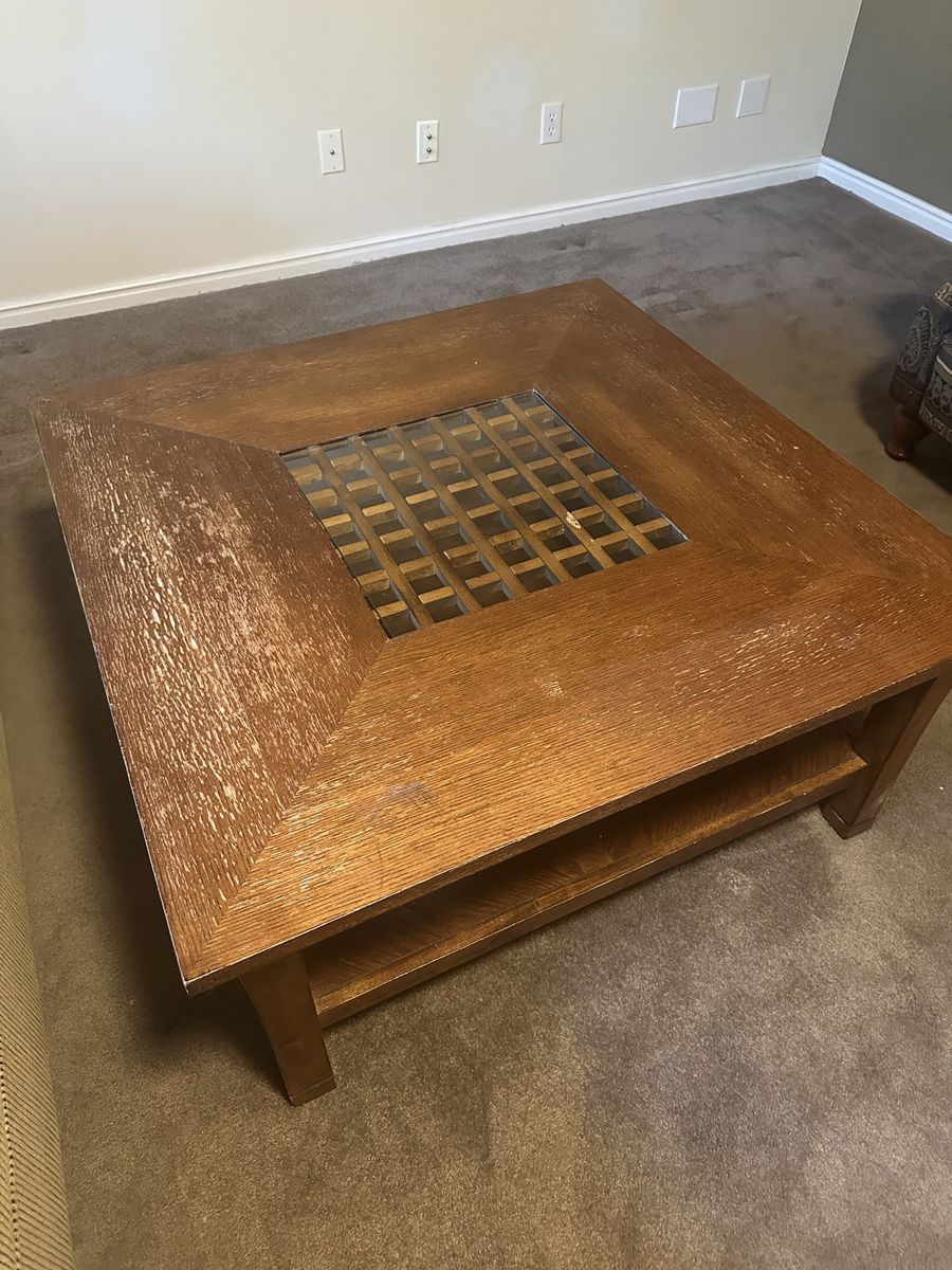 Large Solid Wood Coffee Table with Glass Inlay Shelf Square Wood Living Room Table