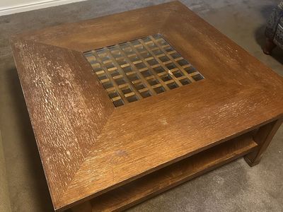 Large Solid Wood Coffee Table with Glass Inlay Shelf Square Wood Living Room Table