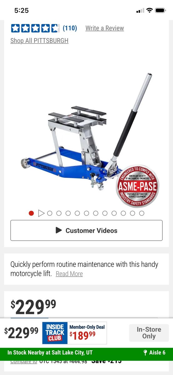 PITTSBURGH Aluminum ATV/Motorcycle Lift Jack - ASME PASE Compliant - Gently Used