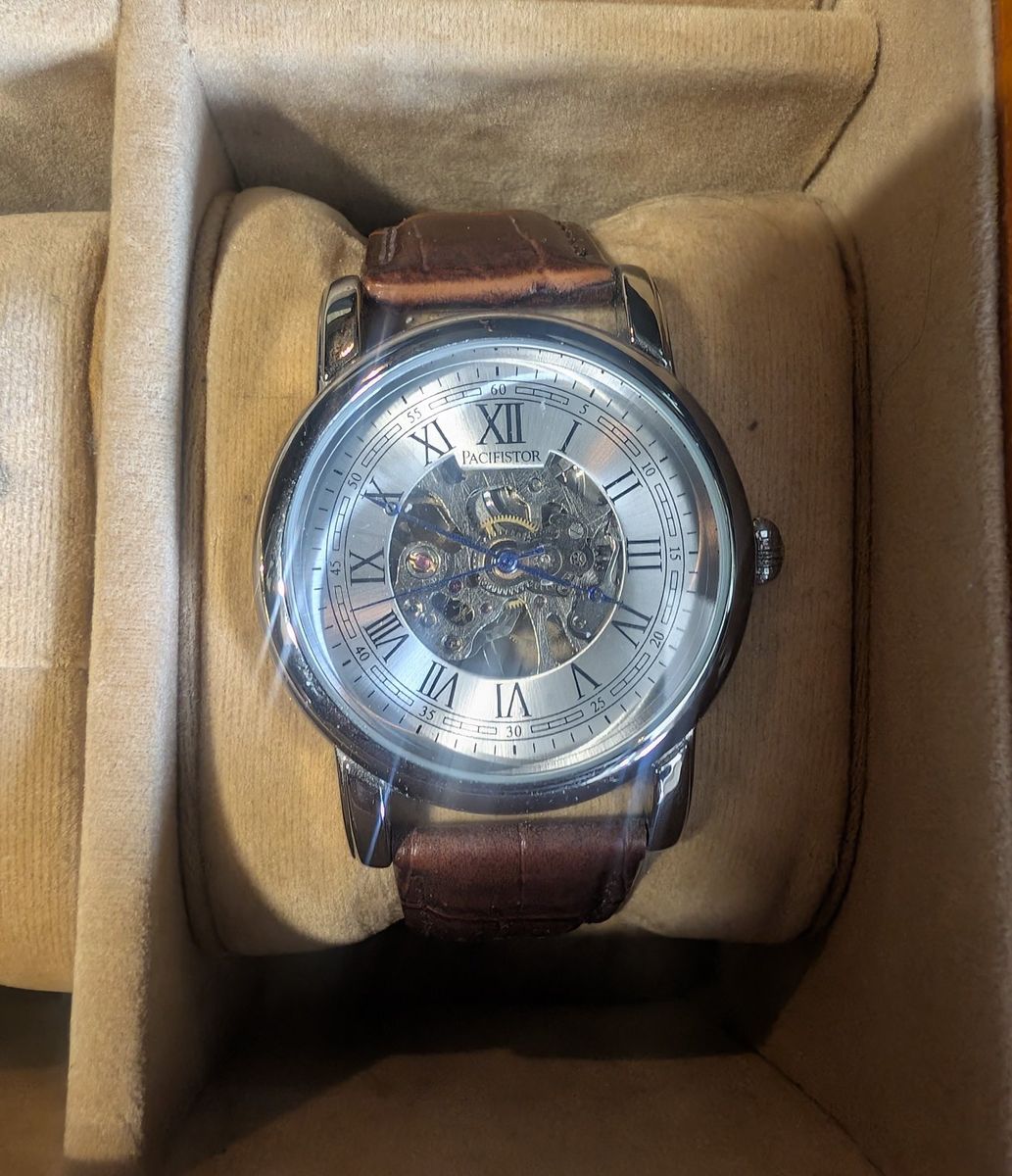 Pacifistor Men's Mechanical Skeleton Watch Roman Numerals Brown Leather Strap