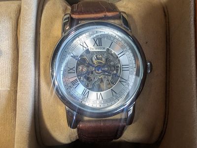 Pacifistor Men's Mechanical Skeleton Watch Roman Numerals Brown Leather Strap