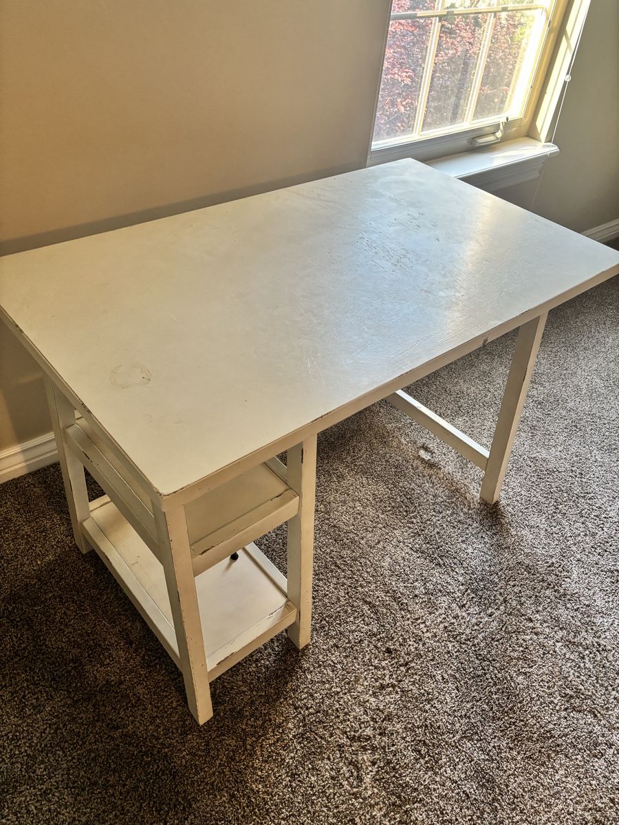 White Wood Desk with Built-in Shelves - Study, Office, Craft Table