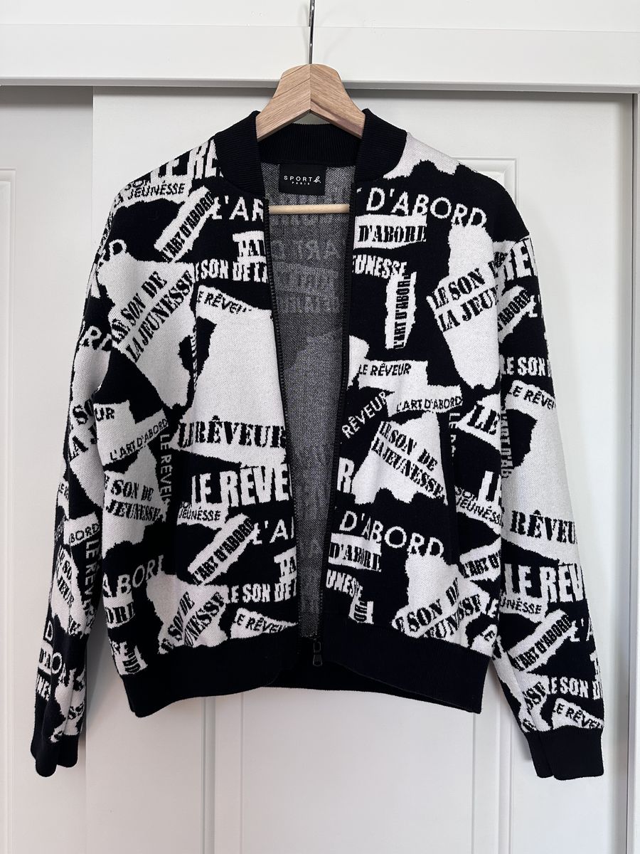 SPORT b. Paris Black & White Jacquard Lettering Zip-Up Sweater Jacket - Size XS/S