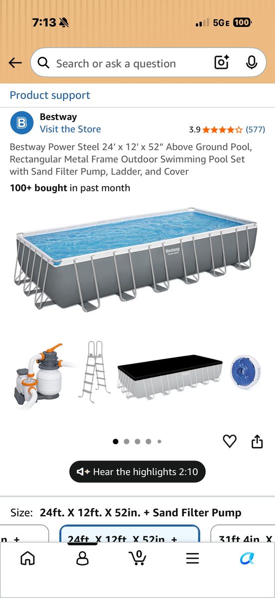 Bestway Power Steel 24'x12'x52" Rectangle Above Ground Pool Set w/ Pump & Ladder
