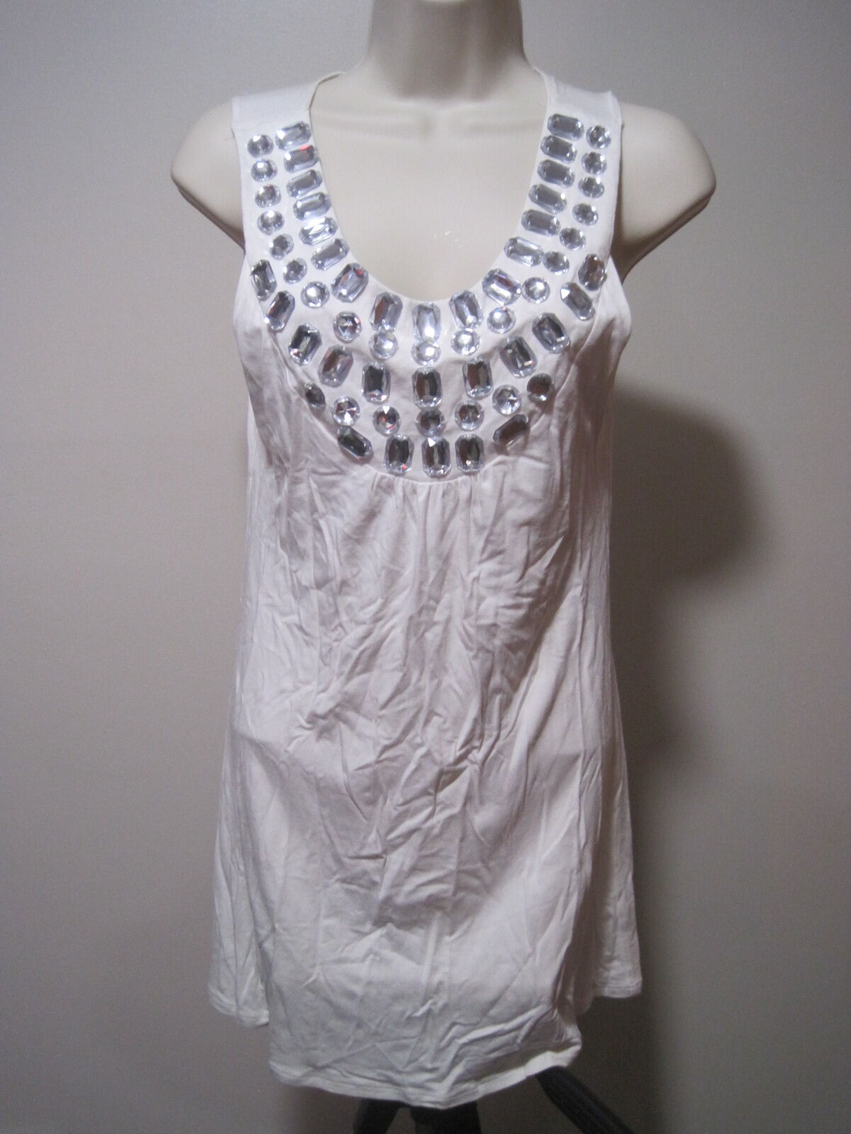 Bluheaven Women's Large Beaded Jewel Embellished Scoop Neck Rayon White Tank Top
