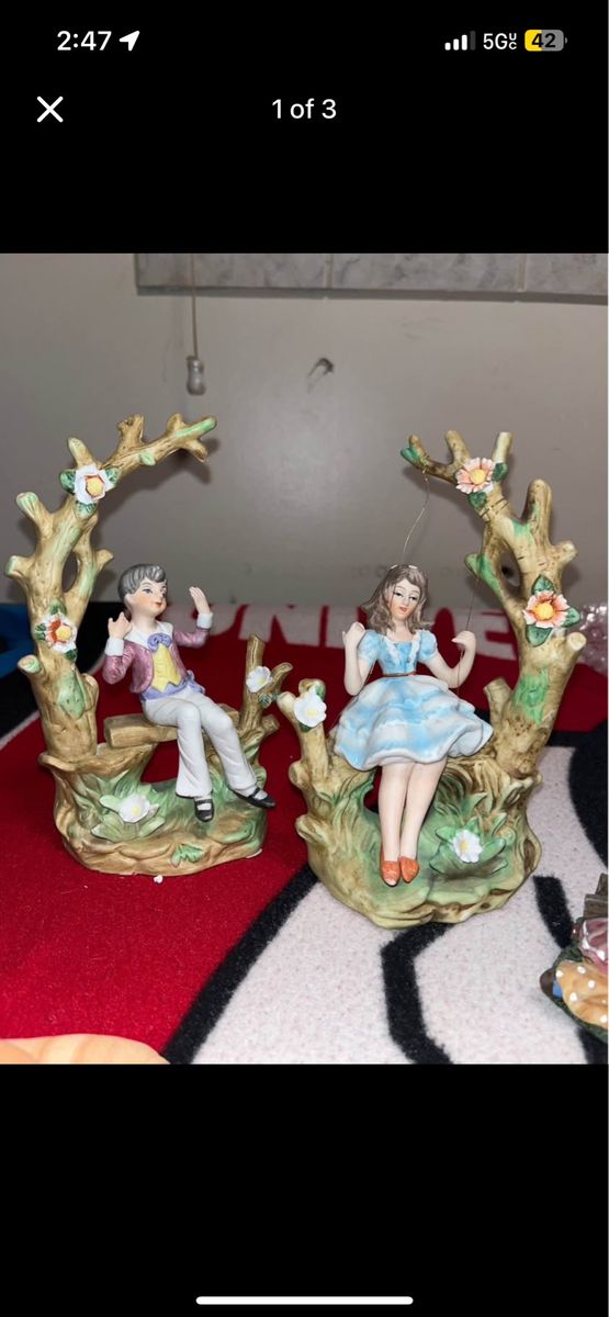 Vintage Porcelain Boy & Girl on Tree Swings Figurines - Hand-Painted Collectible Decor