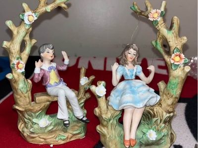 Vintage Porcelain Boy & Girl on Tree Swings Figurines - Hand-Painted Collectible Decor