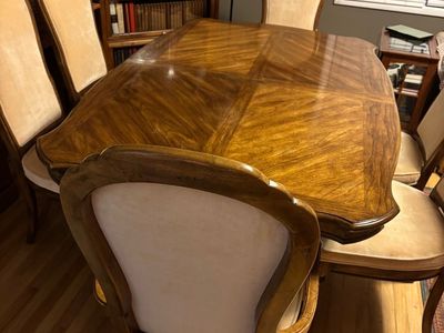 Vintage Dining Set - Solid Wood Table with 2 Leaves & 6 Upholstered Chairs, Traditional Style