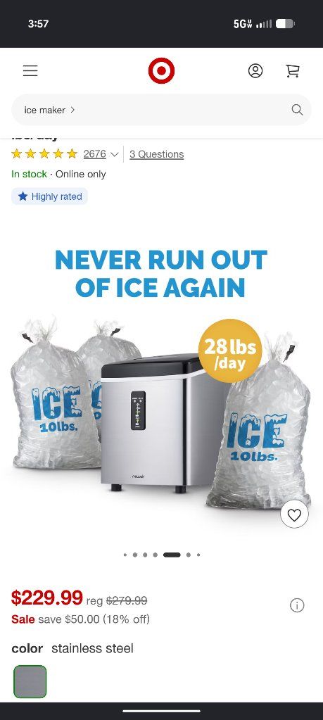 NewAir AI-100SS Portable 28lb Ice Maker - Stainless Steel, Bullet Ice, Easy Touch Control