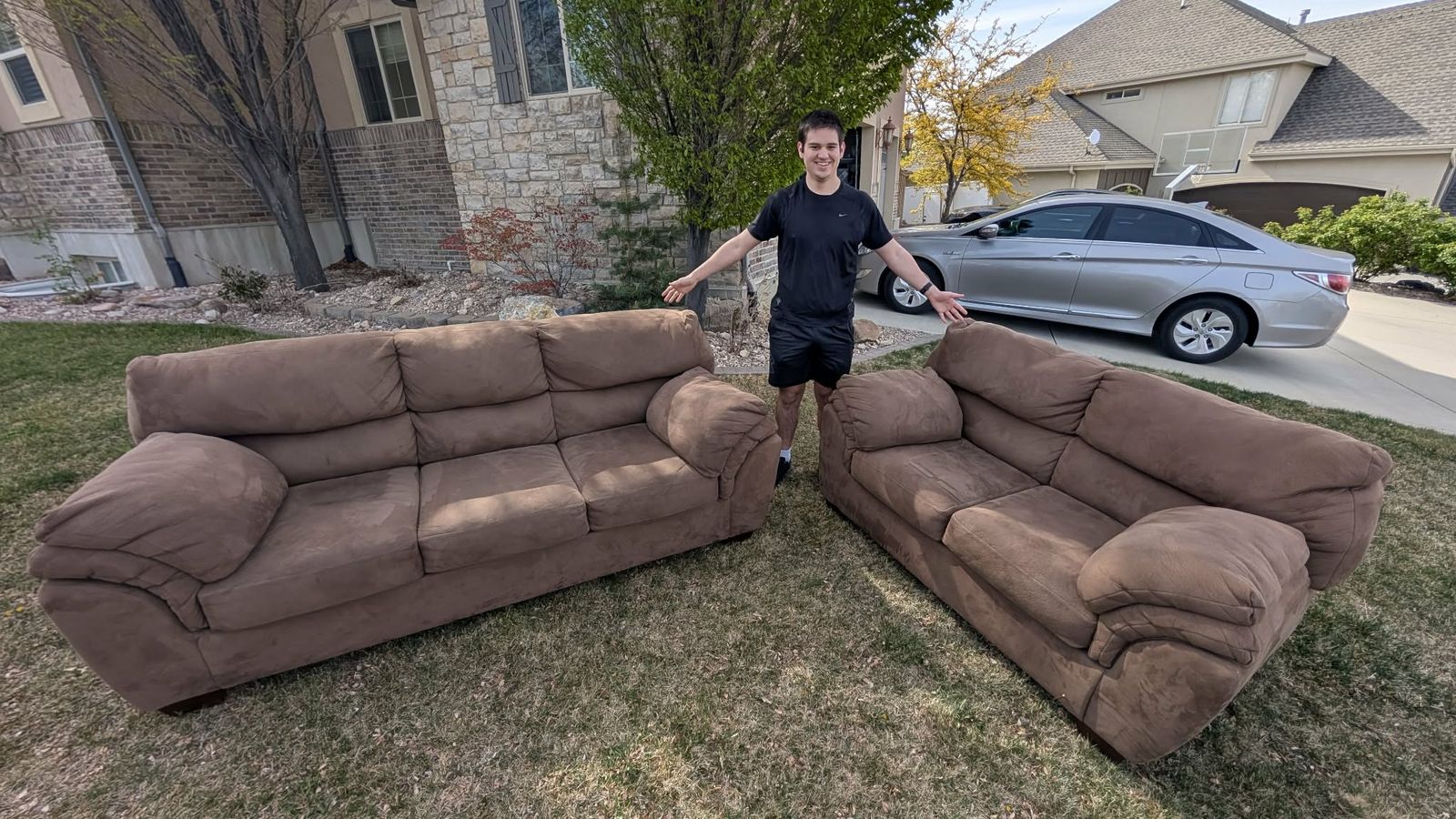 Brown Suede Couch and Loveseat
