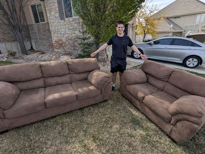 Brown Suede Couch and Loveseat