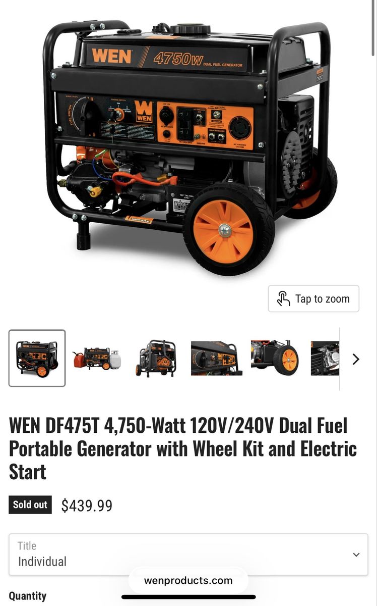 WEN DF475T 4750W Dual Fuel Portable Generator with Wheel Kit and Electric Start 120V/240v