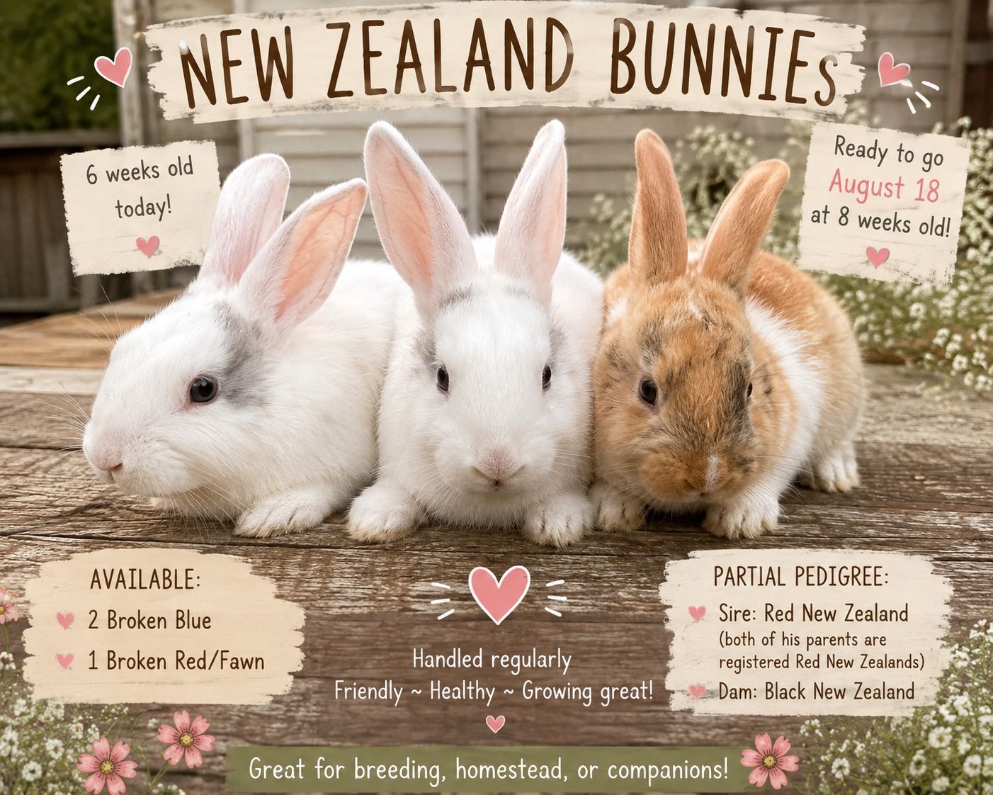New Zealand Rabbits - Broken Blue and Broken Red/Fawn Kits