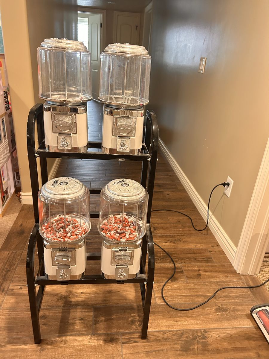 Rhino Vending Gumball Candy Machines with Stand - 4-Unit Quad Rack Vendor