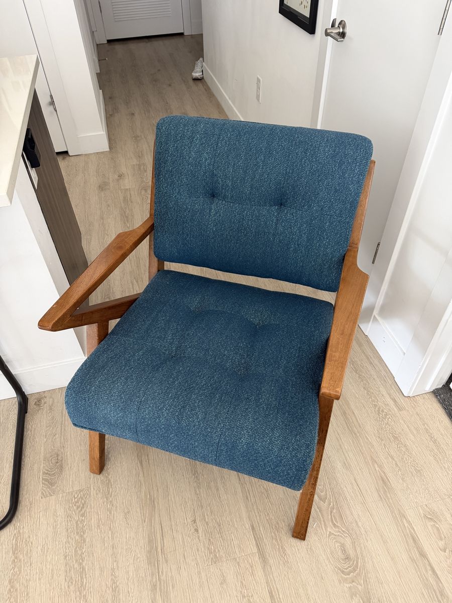 Mid-Century Modern Blue Upholstered Armchair with Wooden Frame