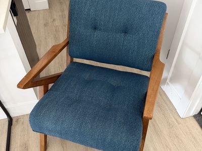 Mid-Century Modern Blue Upholstered Armchair with Wooden Frame