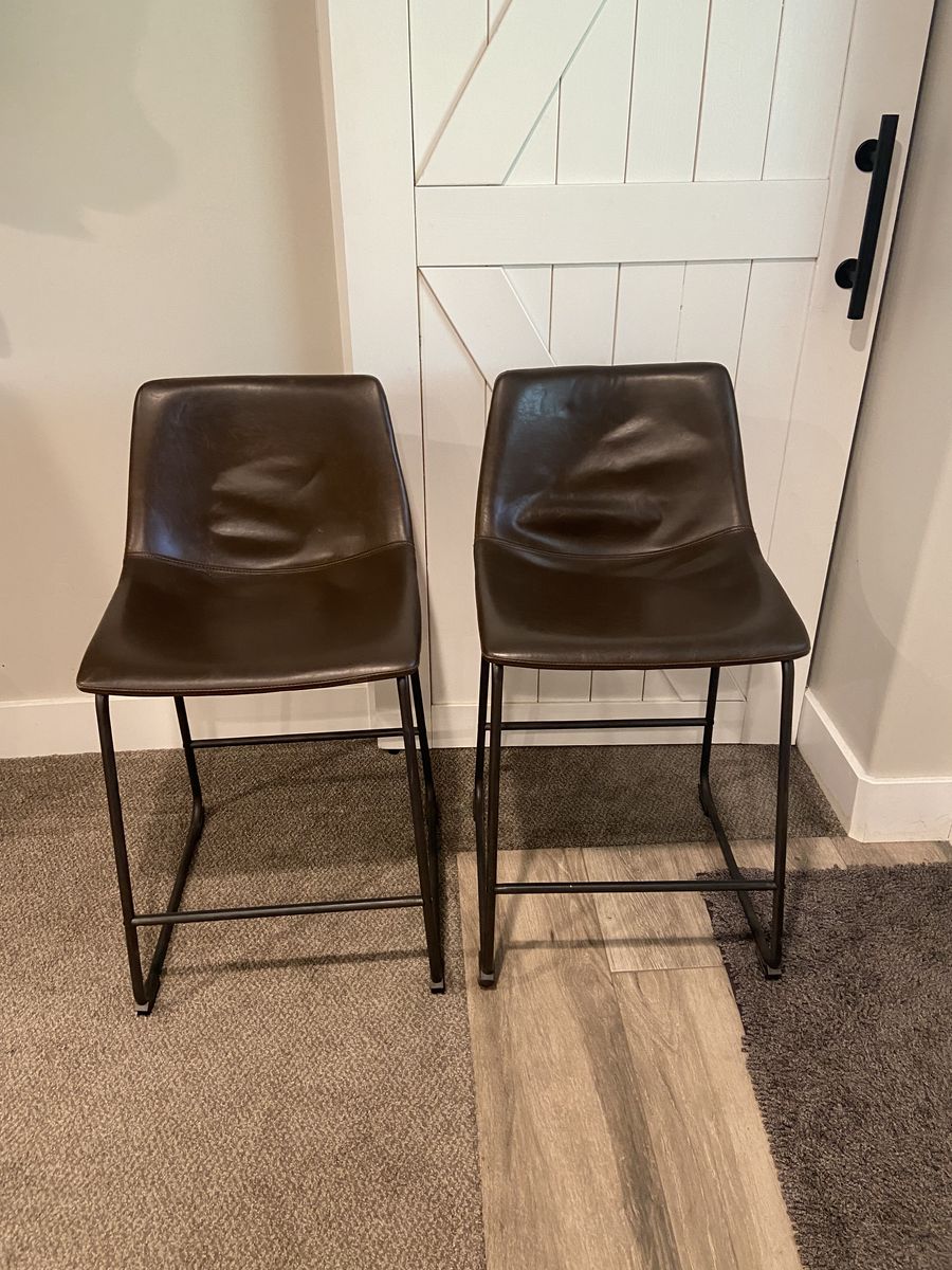 Set of 2 Modern Brown Faux Leather Counter Stools Bar Stools with Black Metal Legs