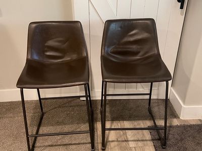 Set of 2 Modern Brown Faux Leather Counter Stools Bar Stools with Black Metal Legs