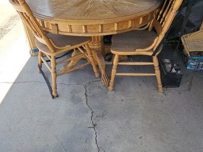 Vintage Round Oak Pedestal Dining Table Set with Chairs