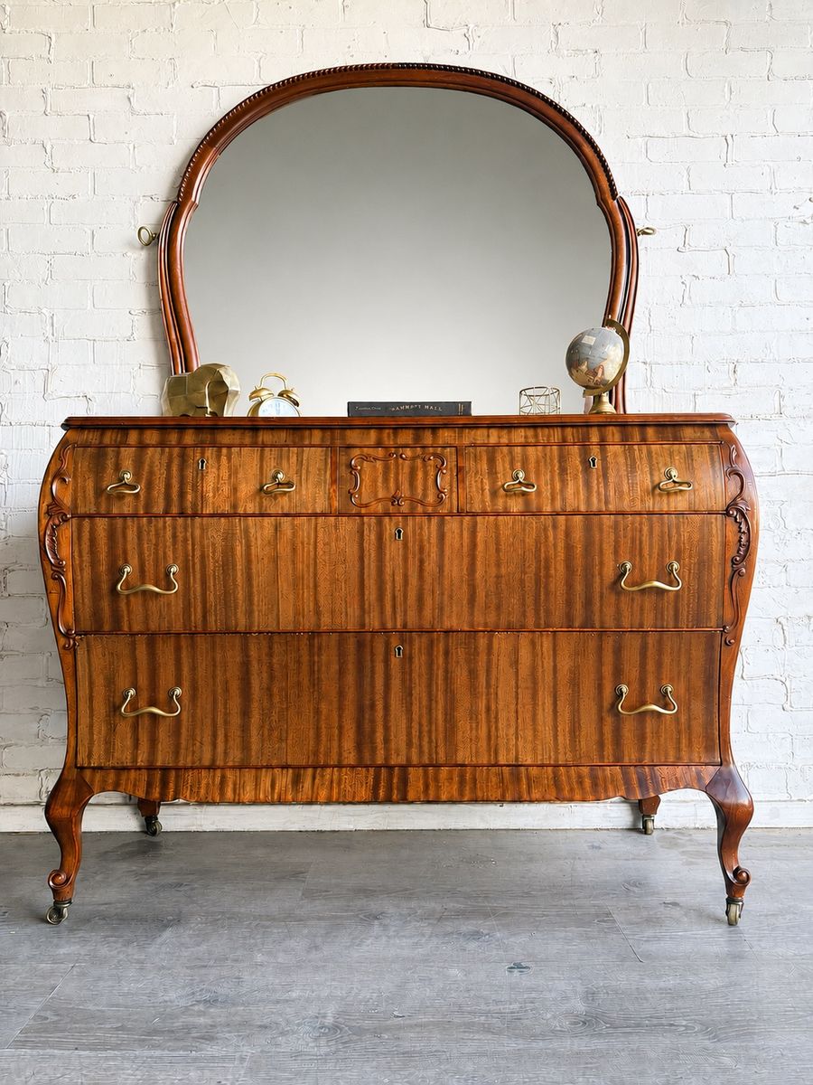 Vintage Flame Mahogany Bombe Dresser with Arched Mirror - Antique Vanity Bureau Chest of Drawers