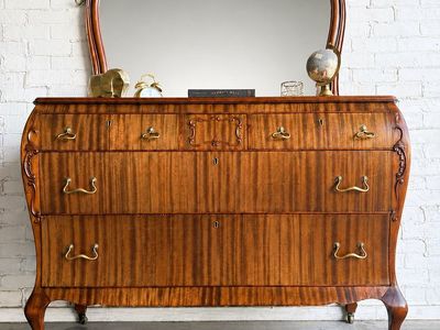 Vintage Flame Mahogany Bombe Dresser with Arched Mirror - Antique Vanity Bureau Chest of Drawers