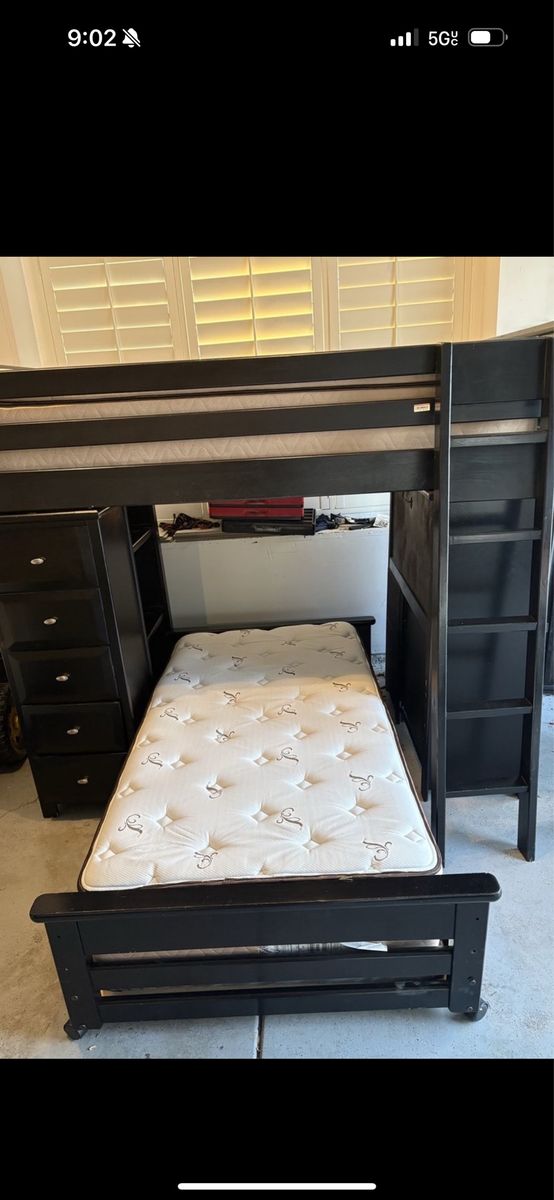 Black Wooden Loft Bunk Bed Set with Built-In Dresser, Shelves, and Ladder including both mattress clean like new mattress $200