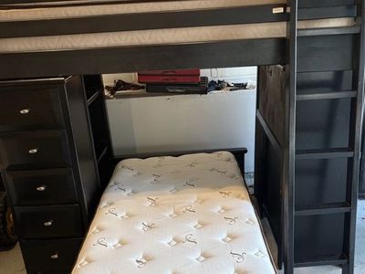 Black Wooden Loft Bunk Bed Set with Built-In Dresser, Shelves, and Ladder including both mattress clean like new mattress $200