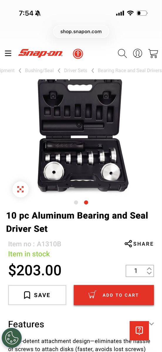 Snap-on 10-piece Aluminum Bearing Race & Seal Driver Set