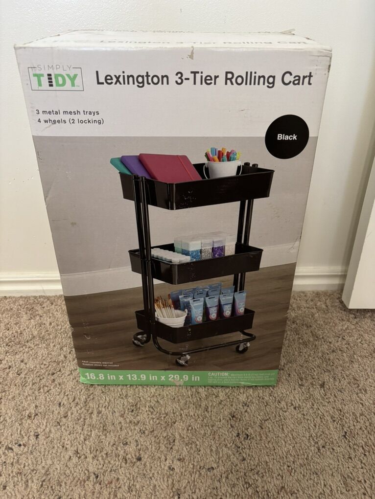 Black 3-Tier Metal Rolling Cart Storage Office