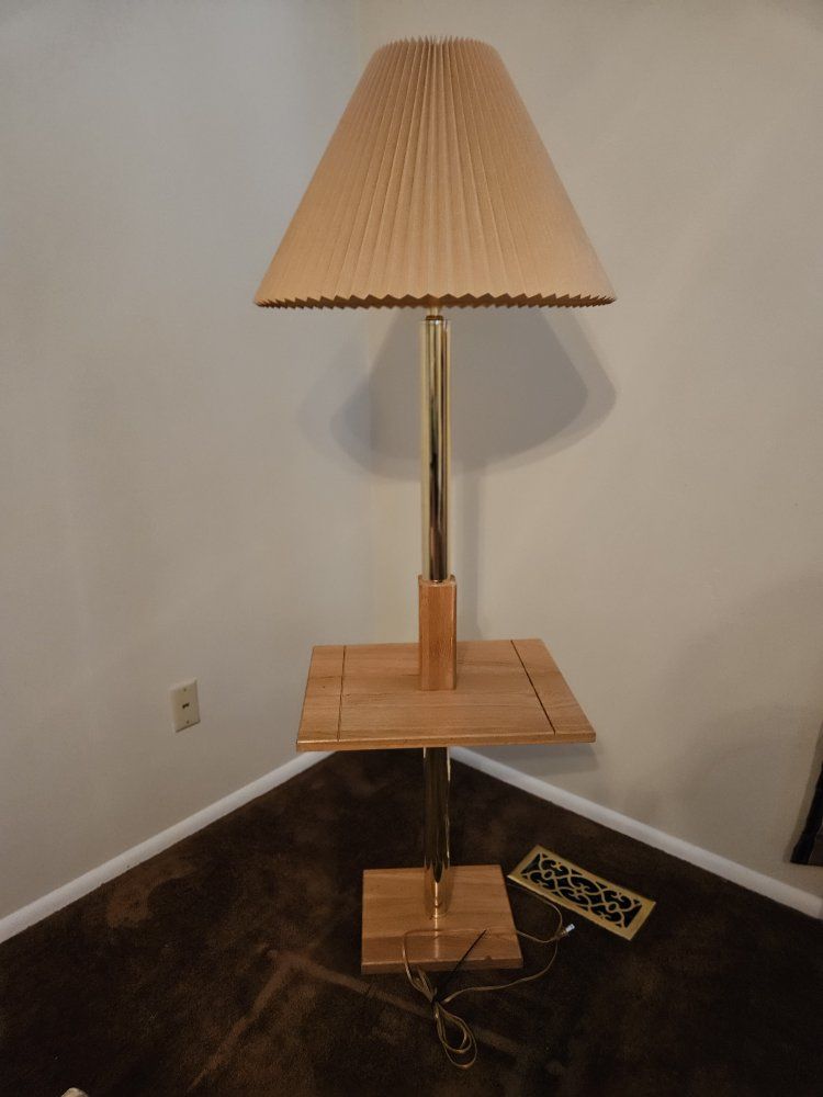 Vintage Brass & Wood Floor Lamp with Pleated Shade & Built-in Table - Mid-Century Style