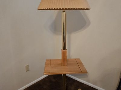 Vintage Brass & Wood Floor Lamp with Pleated Shade & Built-in Table - Mid-Century Style