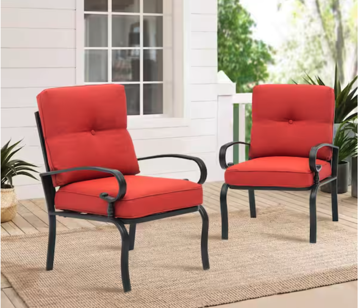 New in Box Set of 2, Cushioned Black Metal Outdoor Dining Chair with Red Cushions (2-Pack)