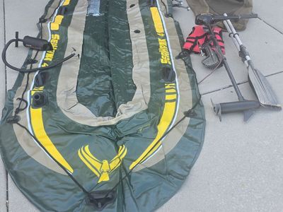 Intex Seahawk 4 Inflatable Boat Bundle with Motor, Oars, and Pump