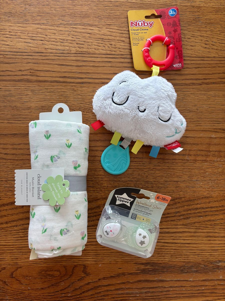 Brand New Baby Bundle- Swaddle, Rattle Toy, Binkys