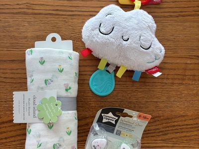 Brand New Baby Bundle- Swaddle, Rattle Toy, Binkys
