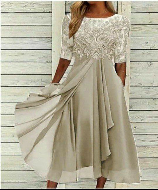 Elegant Chiffon & Lace Applique Midi Dress - Warm Champagne in color, Size 20