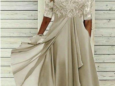 Elegant Chiffon & Lace Applique Midi Dress - Warm Champagne in color, Size 20
