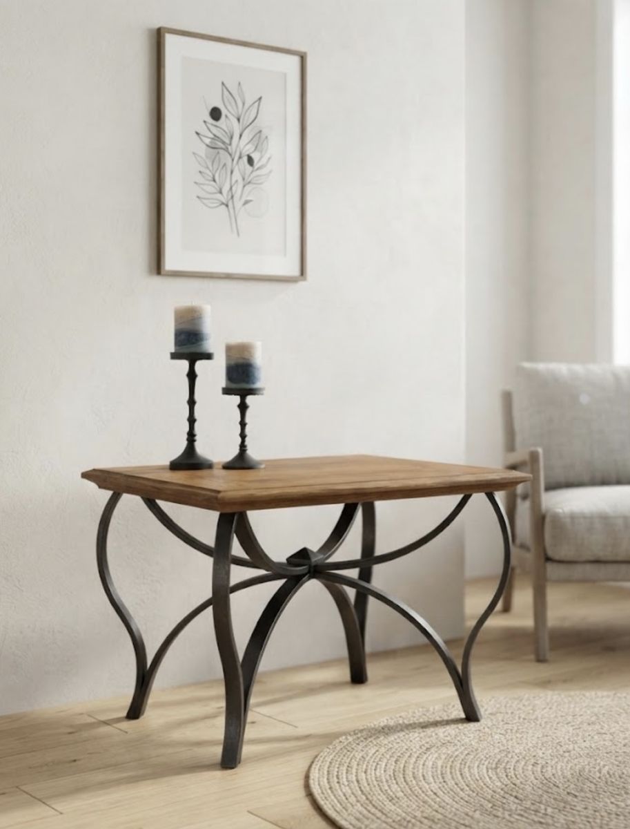 Square Walnut Top End Table w/ Dark Wrought Iron Base - Rustic/Industrial Side Table