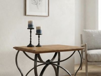 Square Walnut Top End Table w/ Dark Wrought Iron Base - Rustic/Industrial Side Table