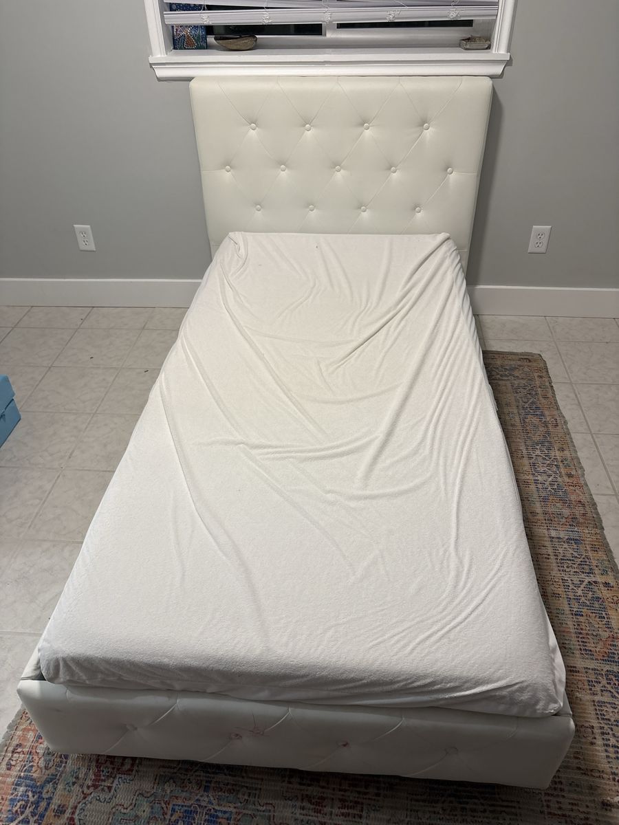 Modern White Upholstered Twin Platform Bed – $250