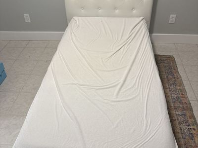 Modern White Upholstered Twin Platform Bed – $250