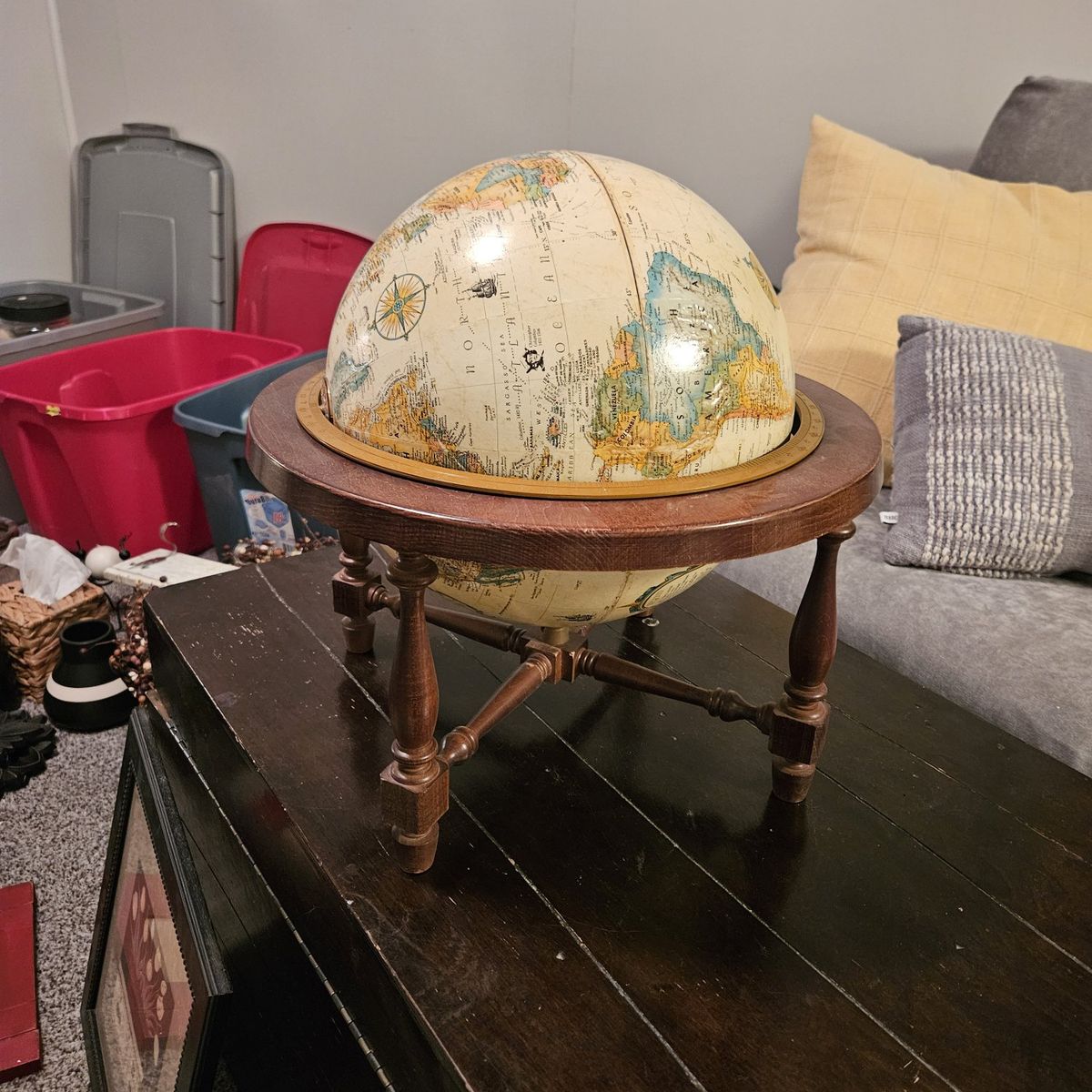 Spinning world globe, wood base
